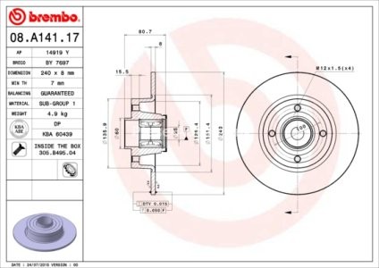 Disc frână BREMBO, cu rulment, spate,  (cu inel ABS) pentru: DACIA SANDERO II; NISSAN NOTE; RENAULT CLIO III, CLIO III/HATCHBACK, MEGANE II, MEGANE II/KOMBI, MODUS 0.9-2.0 09.02- 3