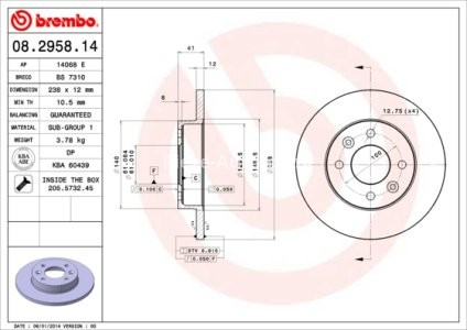 Disc frână BREMBO, față, pentru: DACIA 1310, LOGAN, NOVA, SANDERO; RENAULT 11, 19 I, 19 I CHAMADE, 19 II, 19 II CHAMADE, 19 II/HATCHBACK, 21, 9, CLIO I 1.0-Electric 09.81-