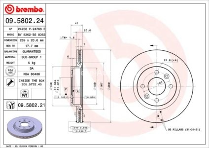 Disc frână BREMBO, față, pentru: DACIA LOGAN, LOGAN EXPRESS, LOGAN II, LOGAN MCV, SANDERO, SANDERO II; LADA LARGUS; NISSAN KUBISTAR; RENAULT 19 I, 19 I CHAMADE, 19 II 1.0-2.0 01.88- 3