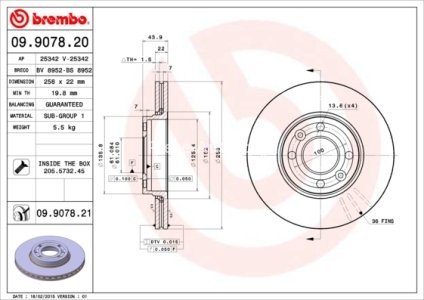 Disc frână BREMBO, față, pentru: DACIA DOKKER, DOKKER EXPRESS/MINIVAN, LODGY, LOGAN II 0.9-Electric 11.02- MERCEDES CITAN MIXTO (DOUBLE CABIN), CITAN (MPV), CITAN/MINIVAN (W415); 3