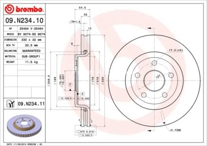 Disc frână BREMBO, față, pentru: DODGE DURANGO; JEEP GRAND CHEROKEE, GRAND CHEROKEE IV 3.0D-6.4 11.10- 3