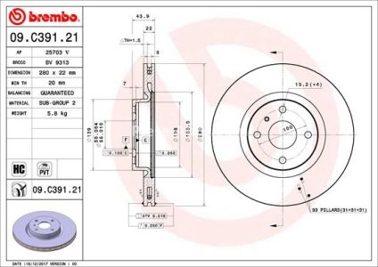 Disc frână BREMBO, față, pentru: FIAT 124 SPIDER; MAZDA MX-5 IV, MX-5 RF TARGA 1.4/1.5/2.0 06.15-