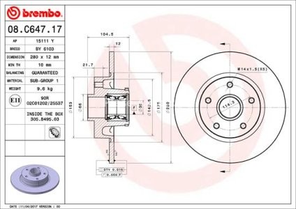 Disc frână BREMBO, cu rulment, spate,  (cu inel ABS) pentru: FIAT TALENTO; NISSAN NV300, PRIMASTAR; OPEL VIVARO B; RENAULT TRAFIC III 1.6D/2.0D 05.14-