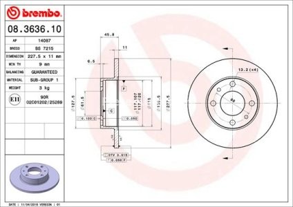 Disc frână BREMBO, față, pentru: FIAT 124, 124 SPIDER, 125, 127, 131, 132, 147, 900 T/E, 900 T/E PULMINO, ARGENTA, CAMPAGNOLA, FIORINO, FIORINO/MINIVAN 0.6-2.5D 01.66-06.06 3