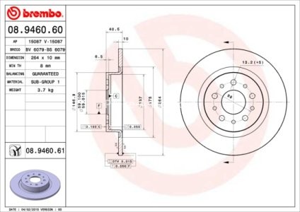 Disc frână BREMBO, spate,  pentru: FIAT 500L, TIPO 1.0-1.6D 09.13- 3