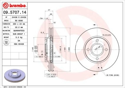 Disc frână BREMBO, față, pentru: FORD COUGAR, MONDEO I, MONDEO II, MONDEO III, SCORPIO I, SCORPIO II 1.6-2.9 02.93-03.07 3