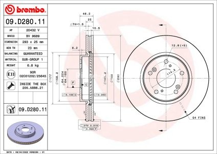 Disc frână BREMBO, față, pentru: HONDA HR-V 1.5/1.6D 08.15-