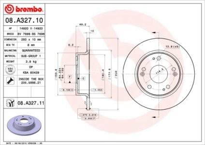 Disc frână BREMBO, spate,  pentru: HONDA ACCORD VII 2.0/2.2D/2.4 09.02-05.08
