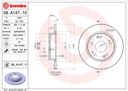 Disc frână BREMBO, spate,  pentru: HONDA CIVIC IX, CIVIC VIII, CR-V III 1.3-2.2D 09.05- 3
