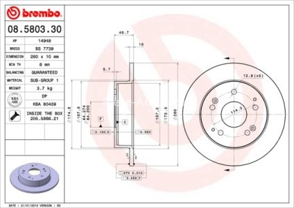 Disc frână BREMBO, spate,  pentru: HONDA CIVIC VII, INTEGRA 1.4/1.6/2.0 11.00- 3