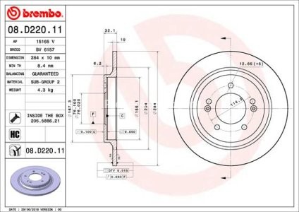 Disc frână BREMBO, spate,  pentru: HYUNDAI CRETA, GRANDEUR, I30, IONIQ, KONA, KONA/SUV; KIA CADENZA I, CEED, NIRO, NIRO I, OPTIMA, PROCEED, SOUL II, XCEED 1.0-Electric 01.10-