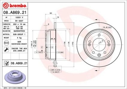 Disc frână BREMBO, spate,  pentru: HYUNDAI ELANTRA IV, I30, SONATA V, SONATA VI, TUCSON, XG; KIA MAGENTIS II, OPTIMA, SPORTAGE II, SPORTAGE III; SUBARU IMPREZA 1.6-3.5 12.98-