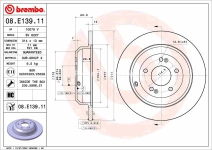 Disc frână BREMBO, spate,  pentru: HYUNDAI GENESIS; KIA STINGER 2.0/2.2D/3.8 01.08-