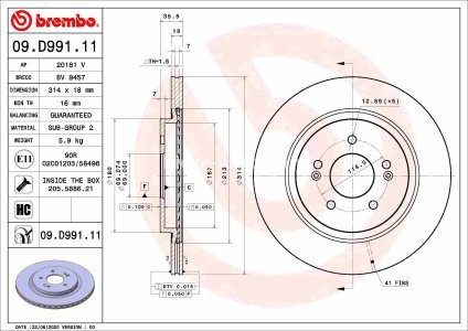 Disc frână BREMBO, spate,  pentru: HYUNDAI SANTA FE IV, SANTA FE IV/SUV 2.0D/2.2D/2.4 07.18-11.20