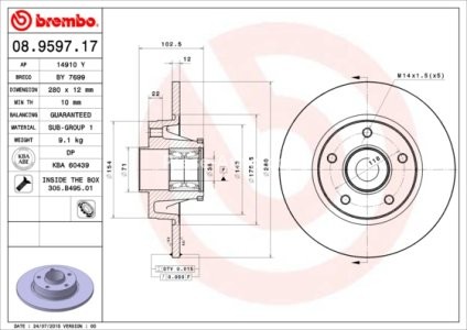 Disc frână BREMBO, cu rulment, spate,  (cu inel ABS) pentru: IVECO DAILY V; NISSAN PRIMASTAR; OPEL VIVARO A; RENAULT TRAFIC II 1.9D-3.0D 02.01- 3