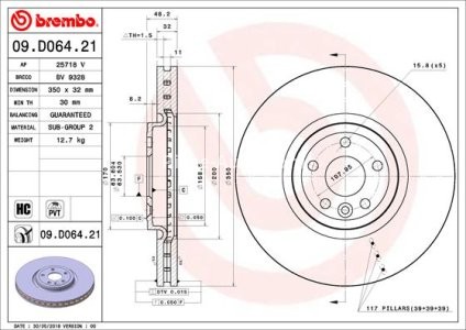 Disc frână BREMBO, față, pentru: JAGUAR F-PACE, I-PACE; LAND ROVER RANGE ROVER VELAR 2.0-Electric 09.15-