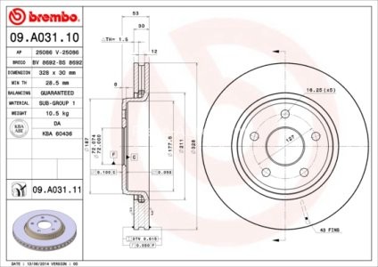Disc frână BREMBO, față, pentru: JEEP COMMANDER, GRAND CHEROKEE II, GRAND CHEROKEE III 2.7D-5.7 10.01-10.11 3