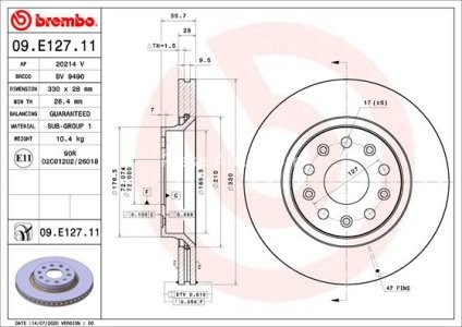 Disc frână BREMBO, față, pentru: JEEP GLADIATOR, WRANGLER IV 2.0-3.6 09.17-