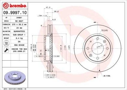 Disc frână BREMBO, față, pentru: KIA CERATO I 1.5D-2.0D 03.04-12.09 3
