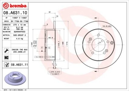 Disc frână BREMBO, spate,  pentru: KIA CARENS II, CARENS III 1.6-2.0LPG 11.05- 3