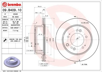 Disc frână BREMBO, spate,  pentru: KIA SORENTO I 2.5D/3.3 08.02-12.11 3