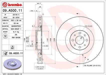 Disc frână BREMBO, față, pentru: LANCIA DELTA III 1.8 01.09-08.14 3