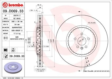 Disc frână BREMBO, față, pentru: LAND ROVER RANGE ROVER VELAR 5.0 01.19-