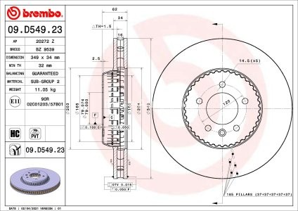 Disc frână BREMBO, față, pentru: LAND ROVER DEFENDER 2.0-5.0 09.19-