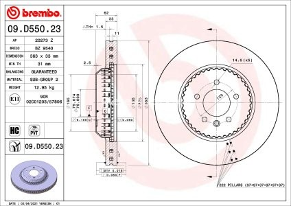 Disc frână BREMBO, față, pentru: LAND ROVER DEFENDER, DISCOVERY V 2.0-5.0 09.19-
