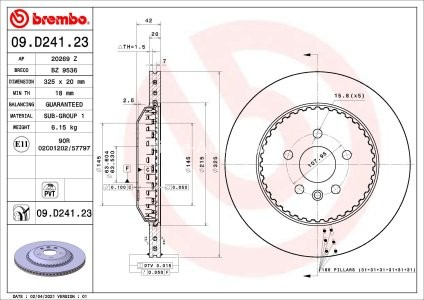 Disc frână BREMBO, spate,  pentru: LAND ROVER DISCOVERY SPORT, RANGE ROVER EVOQUE 1.5H-2.2D 09.14-
