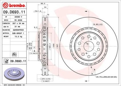Disc frână BREMBO, față, dreapta, pentru: LEXUS LS; CASE IH STEIGER 12.9D-5.0H 04.06-