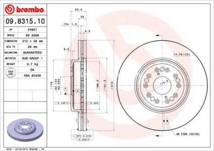 Disc frână BREMBO, față, pentru: LEXUS LS 4.0 12.94-12.00 3