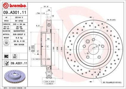 Disc frână BREMBO, spate,  pentru: LEXUS IS II 5.0 11.07-03.13 3