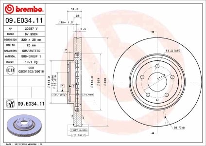 Disc frână BREMBO, față, pentru: MAZDA 6, CX-5, CX-9 2.2D/2.5 10.12-