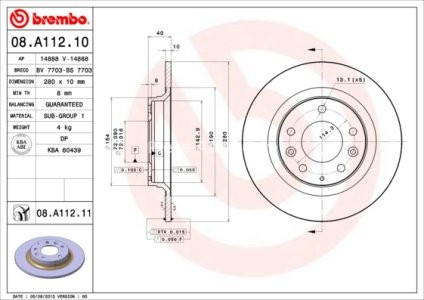 Disc frână BREMBO, spate,  pentru: MAZDA 323 C IV, 323 F VI, 323 S VI, 6, 626 V, MX-5 III, PREMACY 1.4-2.5 01.93-12.14 3