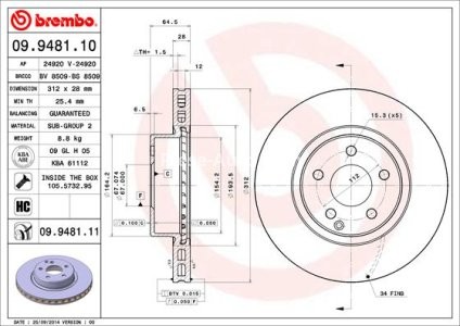 Disc frână BREMBO, față,  (puternic carbonatat; cu suruburi) pentru: MERCEDES CLS (C219), E T-MODEL (S211), E (VF211), E (W211) 2.5-3.5 03.02-12.10 3