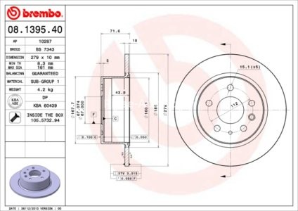 Disc frână BREMBO, spate,  pentru: MERCEDES 123 (C123), 123 T-MODEL (S123), 123 (W123), /8 (W114), /8 (W115), CABRIOLET (W111, W112), S (C126), S (W108, W109) 2.0-6.8 01.66-06.91 3