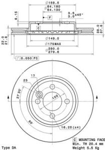 Disc frână BREMBO, față, pentru: MINI (R56), (R57), (R58), (R59), CLUBMAN (R55), CLUBVAN (R55) 1.4-2.0D 09.06-06.15 3