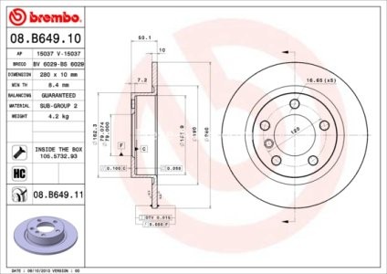 Disc frână BREMBO, spate,  (puternic carbonatat; cu suruburi) pentru: MINI COUNTRYMAN (R60), PACEMAN (R61) 1.6/1.6D/2.0D 08.10-10.16 3
