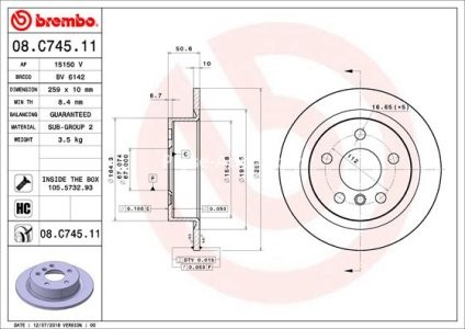 Disc frână BREMBO, spate,  pentru: MINI (F55), (F56), (F57) 1.2-2.0D 09.13-