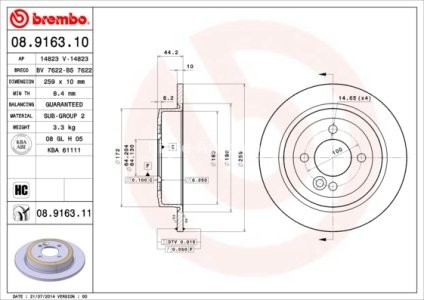Disc frână BREMBO, spate,  pentru: MINI (R50, R53), (R52), (R56) 1.4D/1.6/1.6D 06.01-02.12 3
