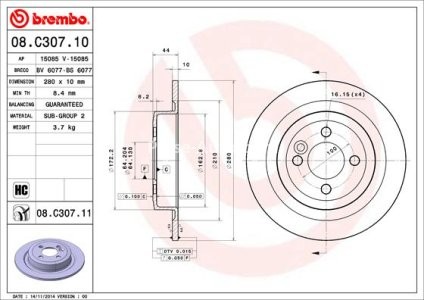 Disc frână BREMBO, spate,  pentru: MINI (R56), (R57), (R58), (R59), CLUBMAN (R55), CLUBVAN (R55) 1.4-2.0D 09.06-06.15 3