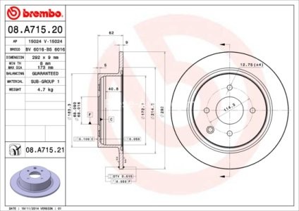 Disc frână BREMBO, spate,  pentru: NISSAN CUBE, TIIDA 1.5-1.8 01.03-
