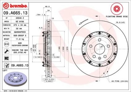 Disc frână BREMBO, față, stânga, pentru: CADILLAC CTS, CTS SPORT; CHEVROLET CAMARO 6.2 01.08- 1
