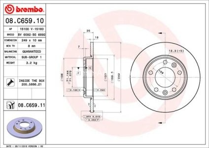 Disc frână BREMBO, spate,  pentru: PEUGEOT 308 II, 308 II/KOMBI, 308/HATCHBACK 1.2-2.0D 09.13-06.21 3