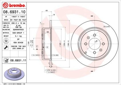 Disc frână BREMBO, spate,  pentru: PEUGEOT 406 1.6-3.0 11.95-12.04 3