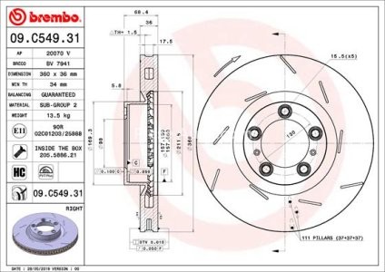 Disc frână BREMBO, față, dreapta, pentru: PORSCHE PANAMERA 3.0-4.8 07.09-10.16 3
