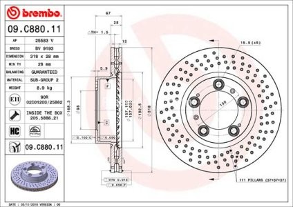 Disc frână BREMBO, față, pentru: PORSCHE 911, 911 TARGA, BOXSTER, BOXSTER SPYDER, CAYMAN 2.7-3.8 08.97-06.13 3