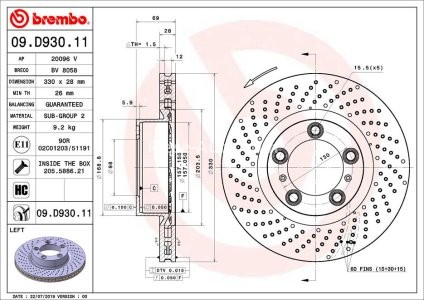 Disc frână BREMBO, față, stânga, pentru: PORSCHE 718 BOXSTER, 718 CAYMAN, 911, 911 TARGA, BOXSTER, CAYMAN 2.0-3.8 06.08- 3
