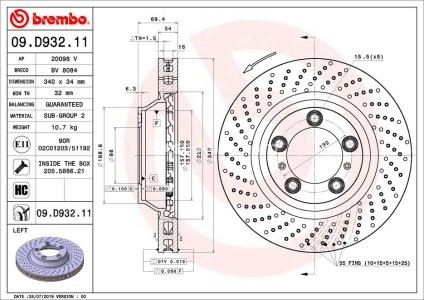 Disc frână BREMBO, față, stânga, pentru: PORSCHE 718 BOXSTER, 911, 911 TARGA, BOXSTER SPYDER 2.0/3.8 05.11- 3